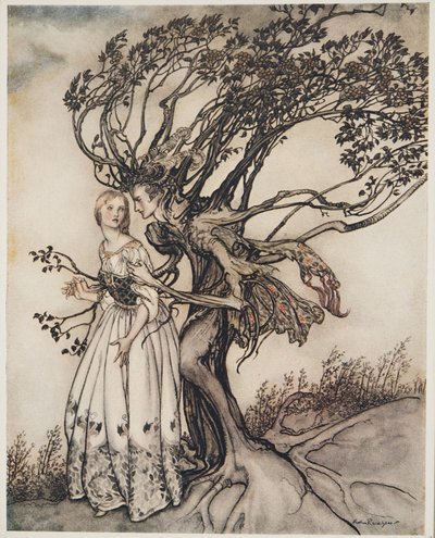 De Oude Vrouw in het Bos, uit Broertje & Zusje en Andere Verhalen van de Gebroeders Grimm, pub.1917 door Arthur Rackham