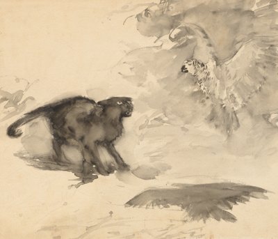 De papegaai en de kat (Schets voor "Goede Nacht" door Eleanor Gates) door Arthur Rackham