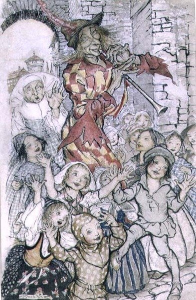 De Rattenvanger van Hamelen, illustratie voor het gedicht door Robert Browning, uitgegeven 1934 door Arthur Rackham