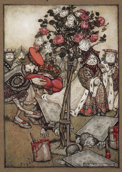 De Koningin, Koning en Boer van Harten die de mannen als kaarten verkleed de rozenstruik rood schilderen door Arthur Rackham