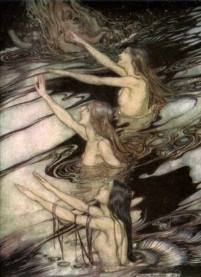 De Rijnmeisjes, uit Siegfried en De Schemering der Goden door Richard Wagner, 1911 door Arthur Rackham