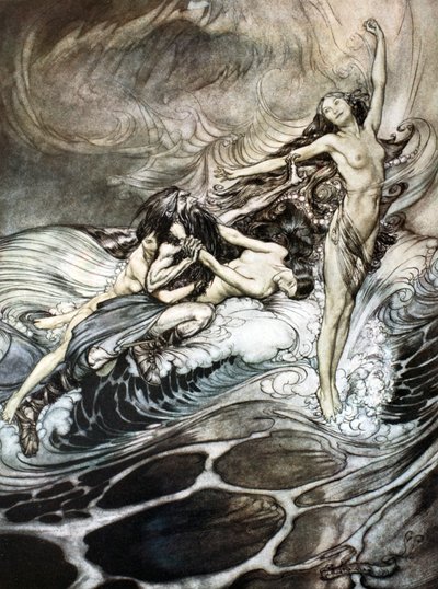 De Rijndochters bemachtigen de ring en dragen deze triomfantelijk weg, 1924 door Arthur Rackham