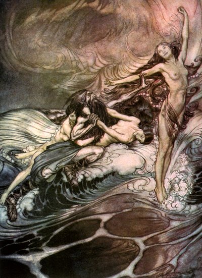 De Rijnmeisjes verkrijgen de ring en dragen hem triomfantelijk weg, ca. 1911 door Arthur Rackham