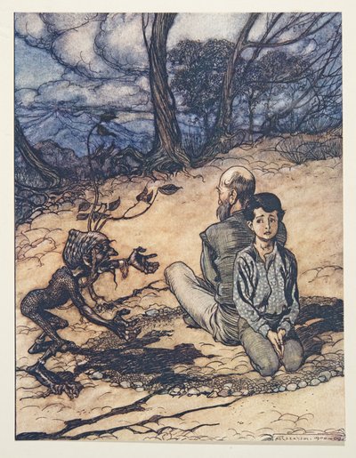 De zoon maakte een cirkel, en zijn vader en hij namen hun plaatsen erin, en het kleine zwarte mannetje verscheen, uit De Sprookjes van de Gebroeders Grimm, uitgegeven 1909 door Arthur Rackham