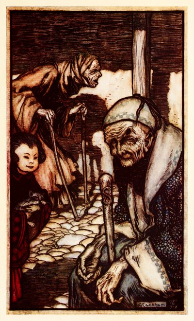 De Struldbrugs ongelukkige onsterfelijken zonder eeuwige jeugd die worden verklaard, uit Deel III: Een reis naar Laputa, Balnibarbi, Luggnagg, Glubbdubdrib en Japan in Gullivers Reizen door Jonathan Swift door Arthur Rackham