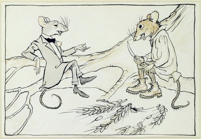 De stadsmuis en de veldmuis, illustratie uit Aesops Fabels, gepubliceerd 1912 door Arthur Rackham