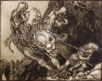 De Twaalfde Arbeid van Hercules, illustratie uit De Griekse Helden door B.G. Niebuhr, 1903 door Arthur Rackham