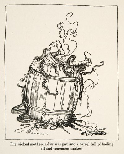 De boze schoonmoeder werd in een vat vol kokende olie en giftige slangen gestopt, uit Kleine Broer & Kleine Zus en andere verhalen door de Gebroeders Grimm, pub.1917 door Arthur Rackham
