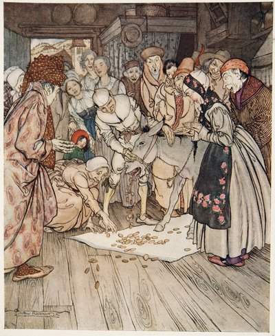 De Wensentafel, de God Ass en de Knots in de Rugzak, uit Broertje & Zusje en Andere Verhalen van de Gebroeders Grimm, pub.1917 door Arthur Rackham