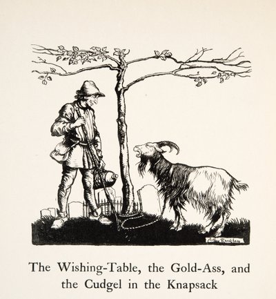 De Wensentafel, de Gouden Ezel en de Knots in de Rugzak, uit Kleine Broer & Kleine Zus en Andere Verhalen door de Gebroeders Grimm, pub.1917 (litho) door Arthur Rackham