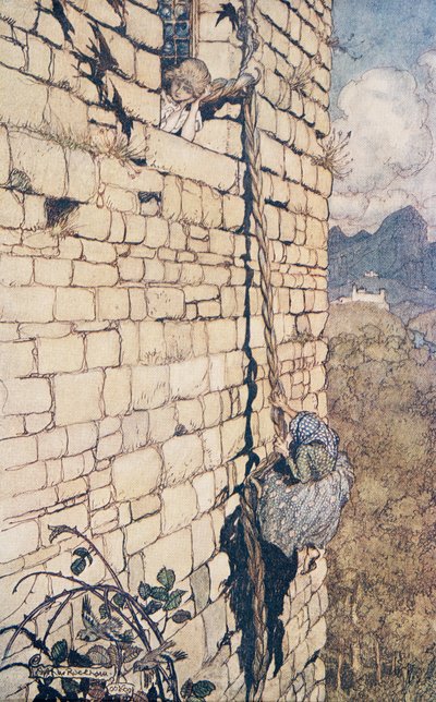 De heks klom omhoog, uit De Sprookjes van de Gebroeders Grimm, pub. 1909 door Arthur Rackham