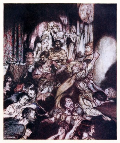 De feestzaal was in tumult, uit The Little Brawl in Irish Fairy Tales door Arthur Rackham