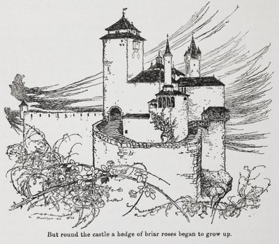 Het kasteel omringd door doorns uit Doornroosje door Arthur Rackham