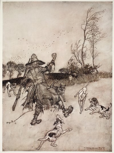 Ook de honden, waarvan hij er geen enkele herkende als een oude bekende, blaften naar hem terwijl hij voorbijging., uit Rip Van Winkle door Washington Irving, uitgegeven 1910 door Arthur Rackham