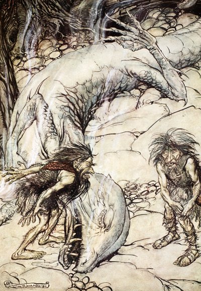 De dwergen ruziën over het lichaam van Fafner door Arthur Rackham