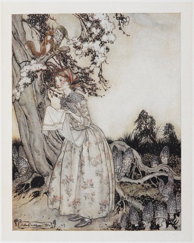 De mooie meid die op de eerste mei bij het krieken van de dag naar de velden gaat door Arthur Rackham