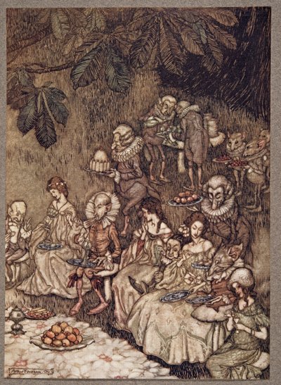 De feeën zitten rond op paddenstoelen en aanvankelijk gedragen ze zich goed, uit Peter Pan in Kensington Gardens door J M Barrie (1860 - 1937), pub. 1906 door Arthur Rackham