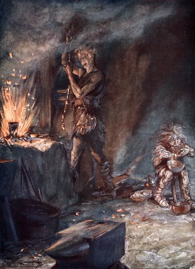 Het smeden van Nothung, 1924 door Arthur Rackham
