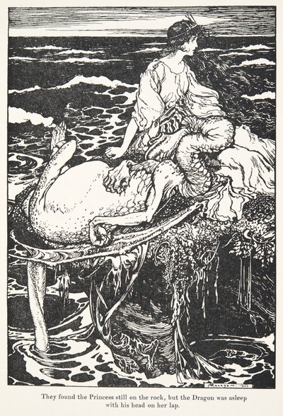 Ze vonden de prinses nog steeds op de rots, maar de draak sliep met zijn hoofd op haar schoot, uit De Sprookjes van de Gebroeders Grimm, uitgegeven 1909 door Arthur Rackham