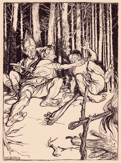 De reus gaf degene die naast hem zat een klap op het oor. Illustratie door Arthur Rackham uit Grimm