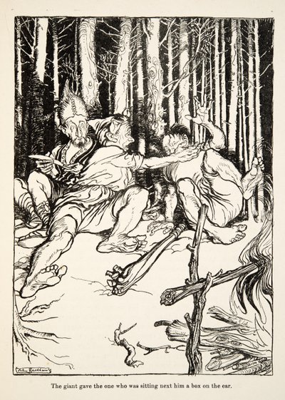 De reus gaf degene die naast hem zat een klap op het oor, uit Kleine Broer & Kleine Zus en Andere Verhalen door de Gebroeders Grimm, pub.1917 (litho) door Arthur Rackham