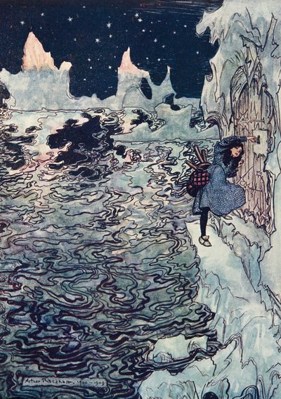 Het goede kleine zusje sneed haar eigen kleine vinger af, paste het in het slot en slaagde erin het te openen, uit De Sprookjes van de Gebroeders Grimm, pub. 1909 door Arthur Rackham