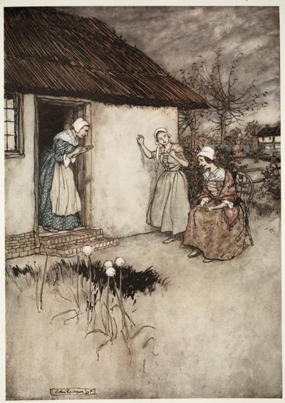 De goede vrouwen van het dorp gaven altijd, tijdens hun avondroddels, Dame Van Winkle de schuld., uit Rip Van Winkle door Washington Irving, uitgegeven 1910 door Arthur Rackham