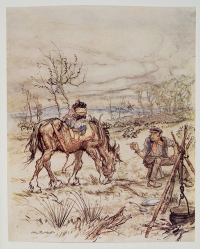 De zigeuner merkte nonchalant op: Wil je dat paard van jou verkopen?, uit Wind in the Willows van Kenneth Grahame, pub. 1940 door Arthur Rackham