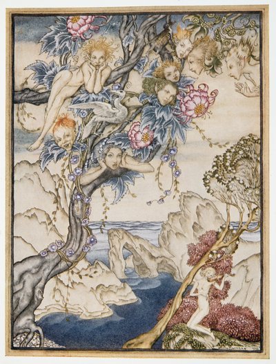 Het eiland is vol geluiden, klanken en zoete luchtjes, die vreugde geven en geen pijn doen, illustratie uit William Shakespeares De Storm, uitgegeven 1926 door Arthur Rackham