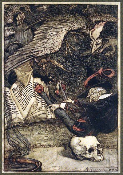 De kleine man had zich in het midden van de cirkel op de grote schedel gezet, uit The Ingoldsby Legends, pub. 1907 door Arthur Rackham