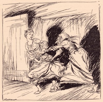 De oude vrouw greep haar bij de jurk en probeerde haar vast te houden. Illustratie door Arthur Rackham uit Grimm
