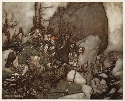 De slaap van Rip Van Winkle., uit Rip Van Winkle door Washington Irving, uitgegeven 1910 door Arthur Rackham