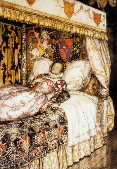 De slapende Prinses, illustratie door Arthur Rackham voor het verhaal van Charles Perrault "Doornroosje" door Arthur Rackham