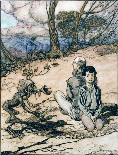 De zoon maakte een cirkel, en zijn vader en hij namen plaatsen binnenin, en het kleine zwarte mannetje verscheen, illustratie uit De Koning van de Gouden Berg in De Sprookjes van de Gebroeders Grimm door Arthur Rackham