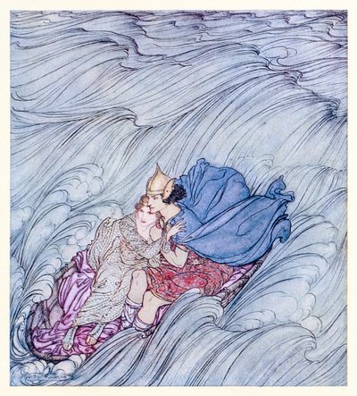 De golven van alle werelden leken langs hen te wervelen in één groot groen tapijt, uit Becuma van de witte huid in Ierse sprookjes door Arthur Rackham