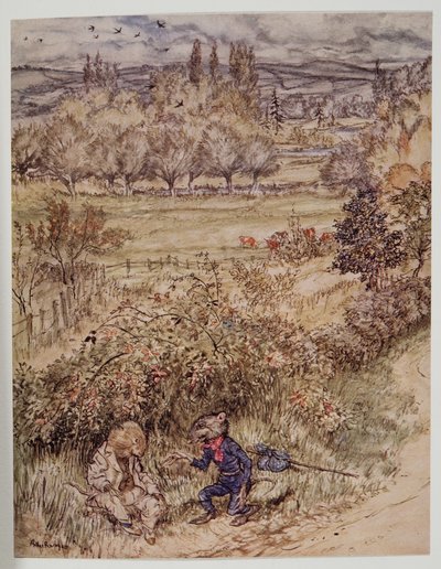 De reiziger groette met een gebaar van beleefdheid dat iets vreemds had, uit Wind in the Willows van Kenneth Grahame, pub. 1940 door Arthur Rackham