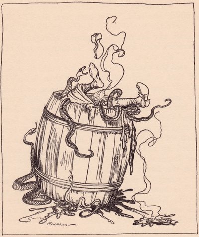 De gemene stiefmoeder werd in een vat vol kokende olie en giftige slangen gestopt. Illustratie door Arthur Rackham uit Grimm