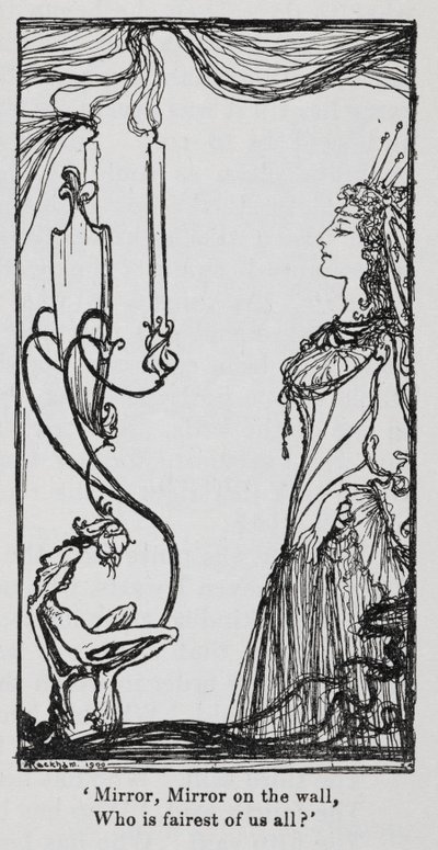 De boze koningin kijkt naar zichzelf in de spiegel van Sneeuwwitje door Arthur Rackham