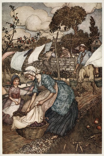 De vrouwen van het dorp vroegen hem altijd om klusjes te doen die hun minder behulpzame echtgenoten niet voor hen wilden doen., uit Rip Van Winkle door Washington Irving, uitgegeven 1910 door Arthur Rackham