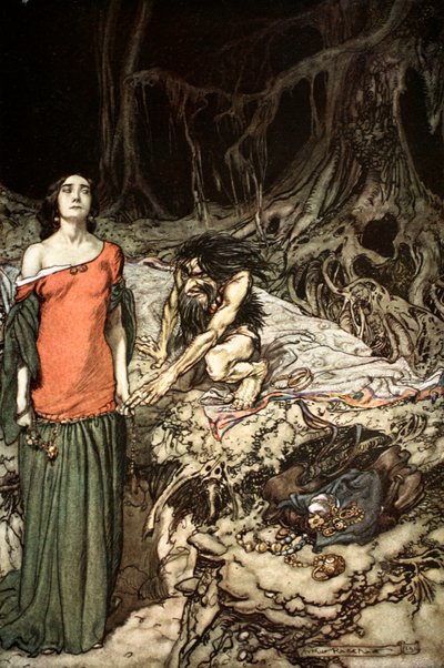 Het hof van Grimhilde, de moeder van Hagen door Arthur Rackham