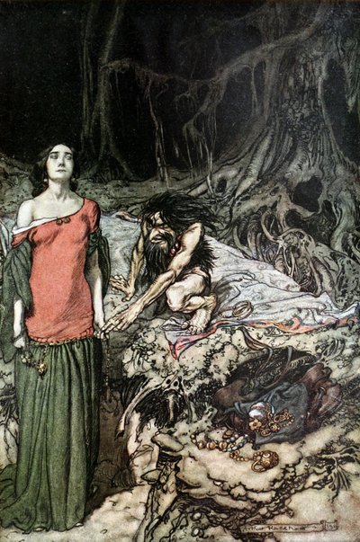 Het hofmaken van Grimhilde, de moeder van Hagen. Illustratie voor Siegfried en De Schemering van de Goden door Arthur Rackham