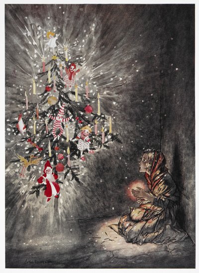 Daar zat ze onder de prachtige kerstboom. Een jong meisje kijkt naar een fel verlichte kerstboom. Kleurenillustratie voor het verhaal, 