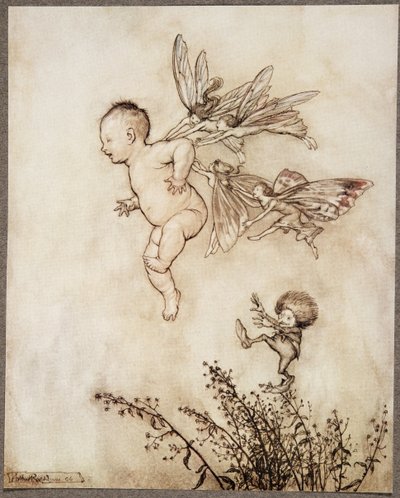 Ze kietelden hem allemaal op de schouder .., uit Peter Pan in Kensington Gardens door J M Barrie (1860 - 1937), pub. 1906 door Arthur Rackham