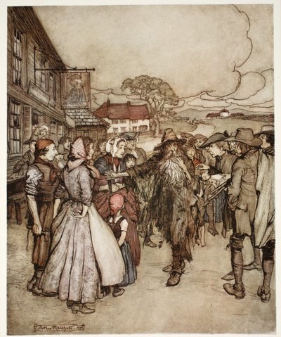 Ze verdrongen zich om hem heen en bekeken hem van top tot teen met grote nieuwsgierigheid., uit Rip Van Winkle door Washington Irving, uitgegeven 1910 door Arthur Rackham
