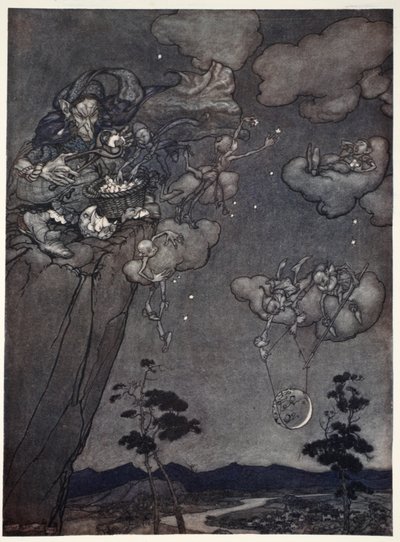 Ze werden geregeerd door een oude squaw-geest die de nieuwe manen aan de hemel hing en de oude in sterren sneed., uit Rip Van Winkle door Washington Irving, uitgegeven 1910 door Arthur Rackham