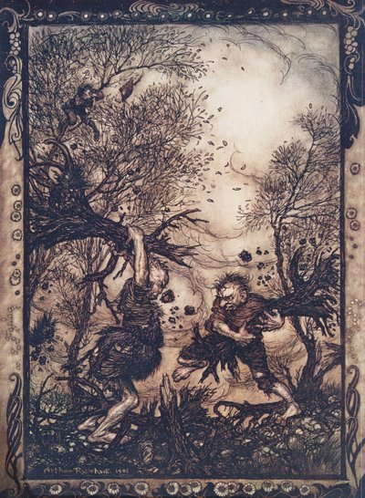 Ze werkten zichzelf zo in een razernij dat ze bomen met wortel en al uittrokken en op elkaar inhakten tot ze beiden dood neervielen, uit De Sprookjes van de Gebroeders Grimm, pub. 1909 door Arthur Rackham