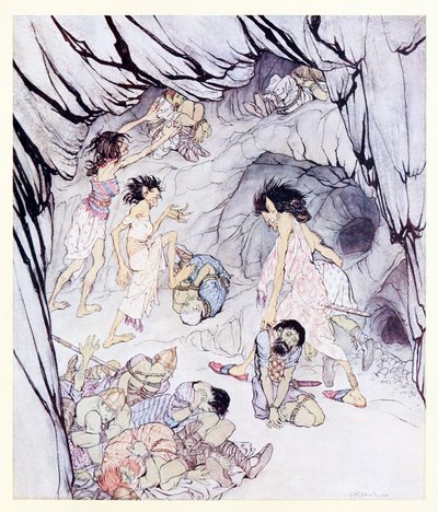Deze is dik, zei Cullen, en ze rolde een dikke Feniaan als een wiel, uit De betoverde grot van Cesh Corran in Ierse sprookjes door Arthur Rackham