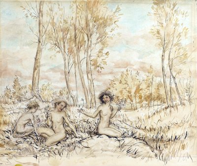 Drie Houtnimfen die Bloemen Verzamelen door Arthur Rackham