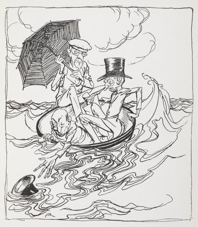 Drie mannen in een kom op zee door Arthur Rackham