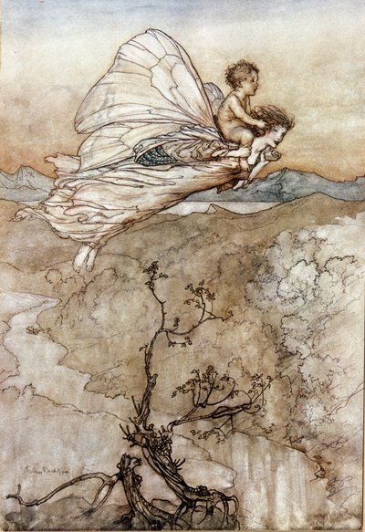 Titania de Koningin van de Feeën vliegt met haar wisselkind op de rug. Illustratie door Arthur Rackham voor De Droom van een Zomernacht door William Shakespeare door Arthur Rackham